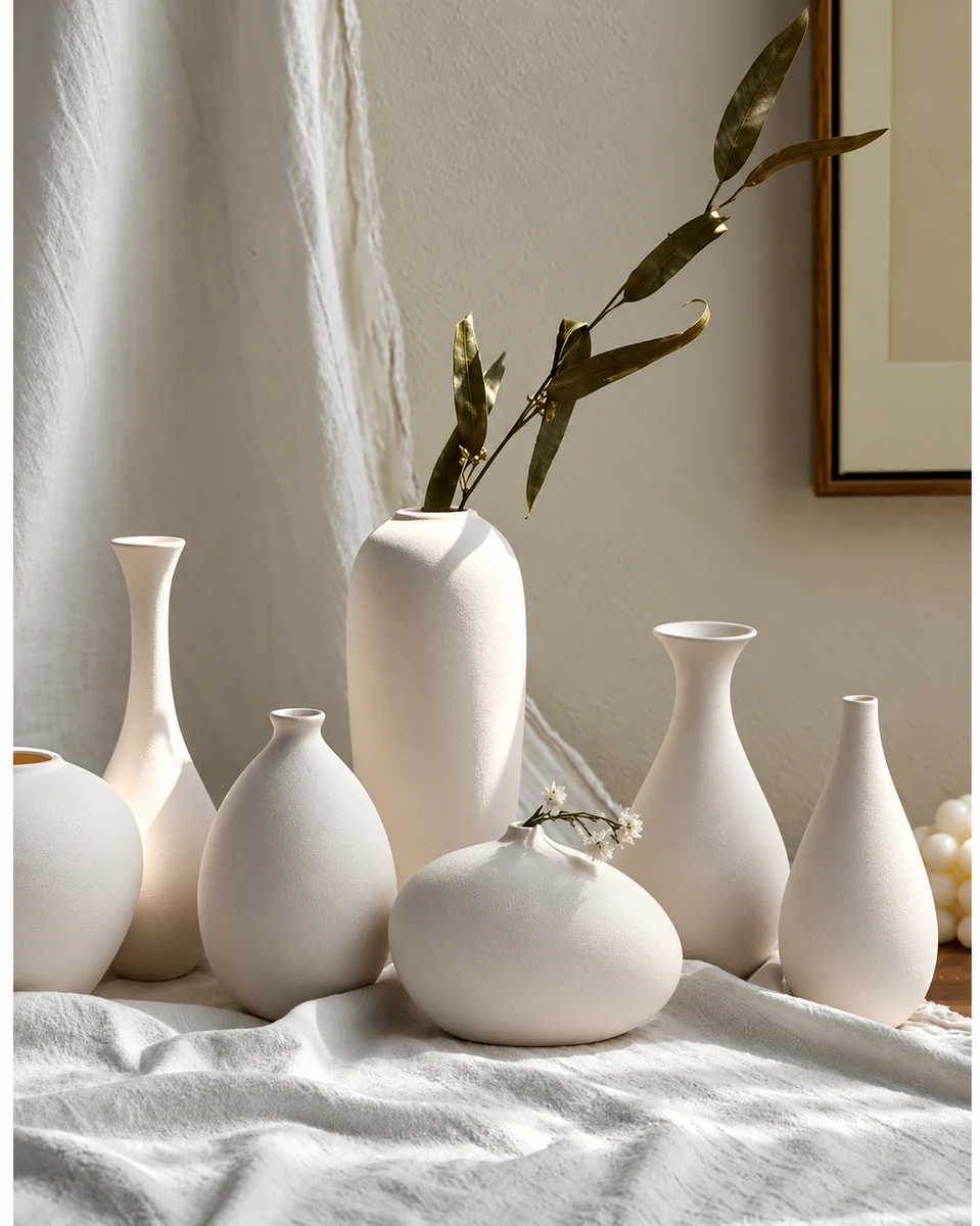 White ceramic vases on textured fabric